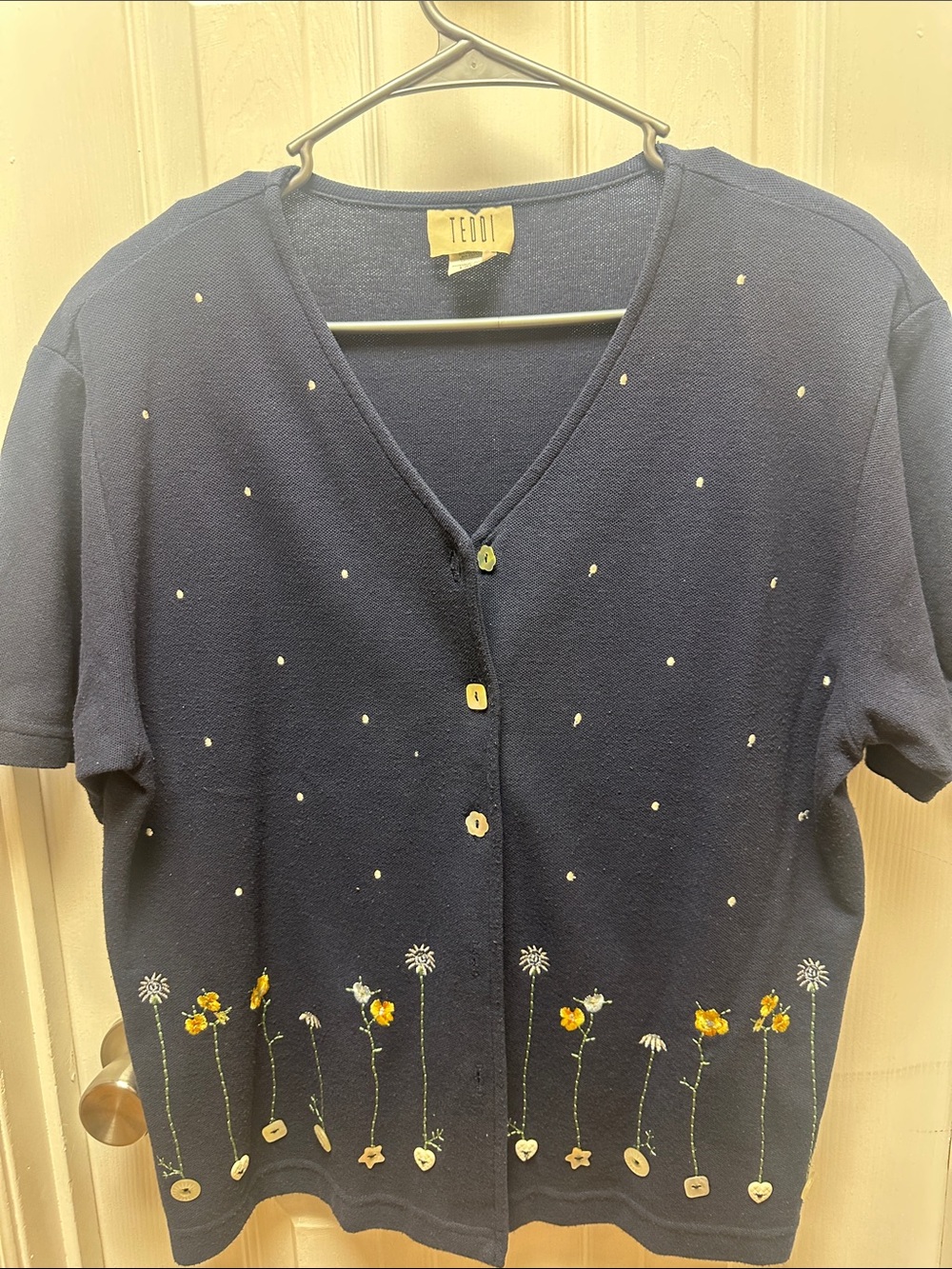 Teddi Navy Blue Cardigan with Yellow Flower Embroidery